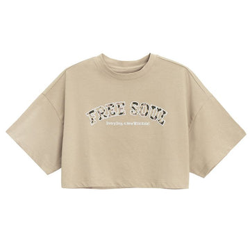 Cool Club, T-shirt dziewczęcy, crop top, beżowy